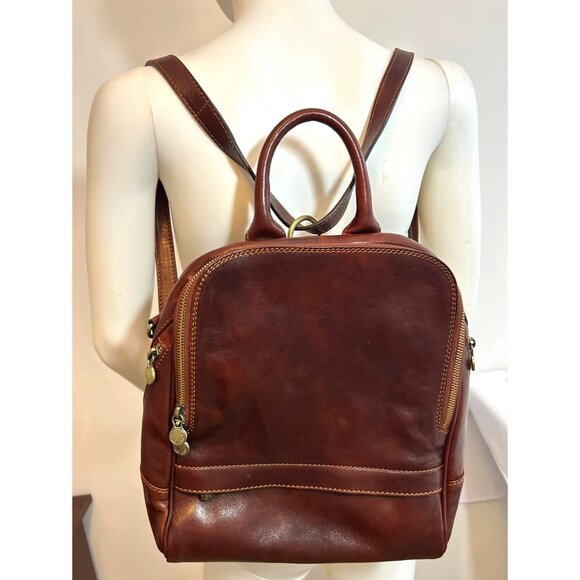 Backpack Women's Vtg Italian Leather Brown Glossy Adjustable Mid Size Travel